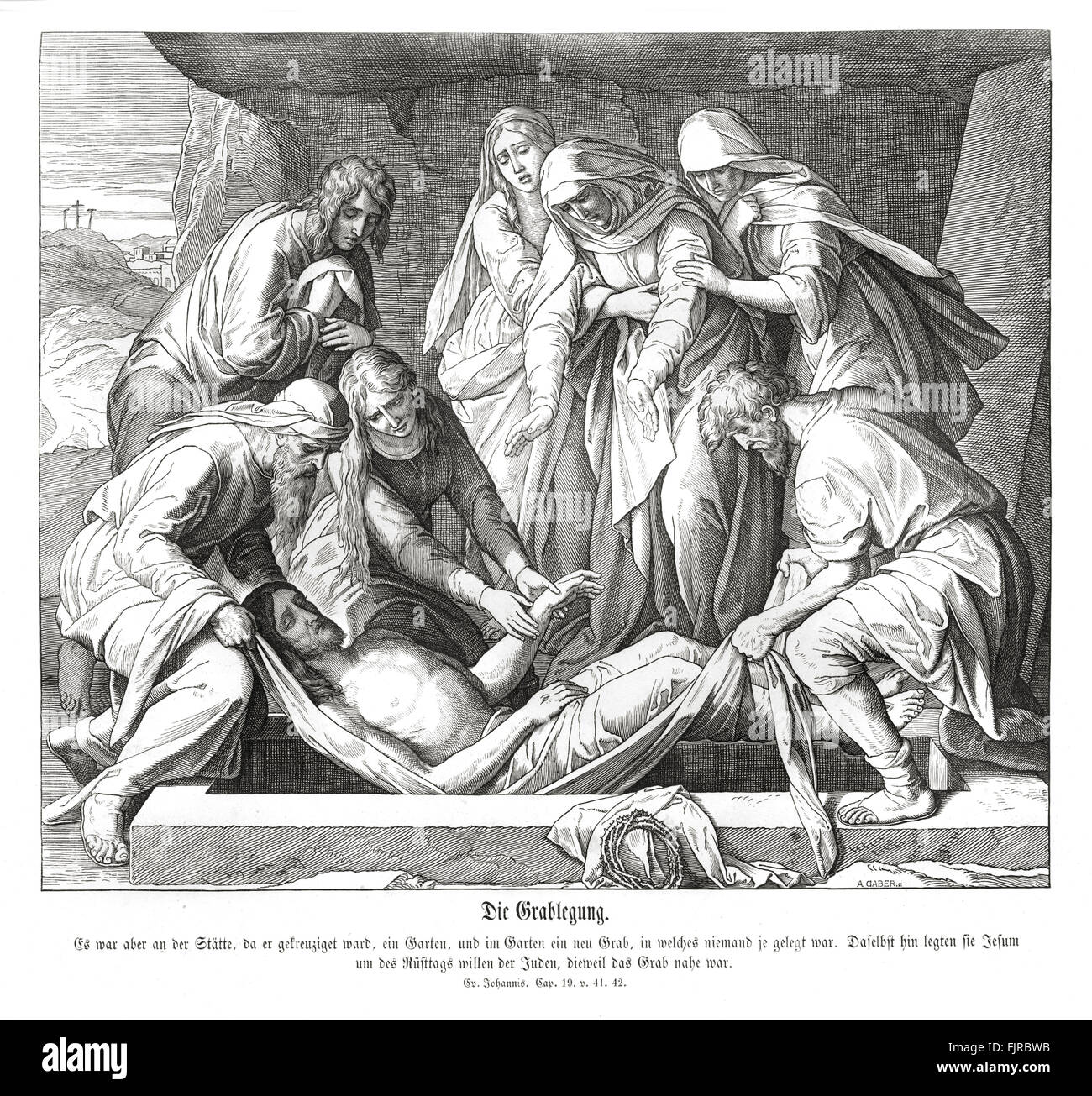 La sepoltura di Gesù, Vangelo di Giovanni capitolo XIX versetti 41 - 42 "Ora, nel luogo dove era stato crocifisso, vi era un giardino e nel giardino un sepolcro nuovo nel quale nessuno era stato ancora deposto. Ci misero Gesù quindi a causa del giorno di Preparazione dei Giudei, per il sepolcro era vicino.' illustrazione 1852-60 da Julius Schnorr von Carolsfeld Foto Stock