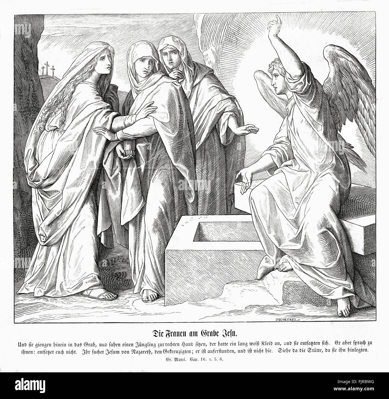 Le donne a Gesù" tomba, il Vangelo di Marco capitolo XVI versi 5 - 6 'e entrando nel sepolcro, videro un giovane uomo seduto sul lato destro, vestito di una lunga veste bianca; e furono terrorizzati. Ed egli disse loro: "non vi spaventate! Voi cercate Gesù il Nazareno che è stato crocifisso: egli è risorto". 1852-60 illustrazione da Julius Schnorr von Carolsfeld Foto Stock