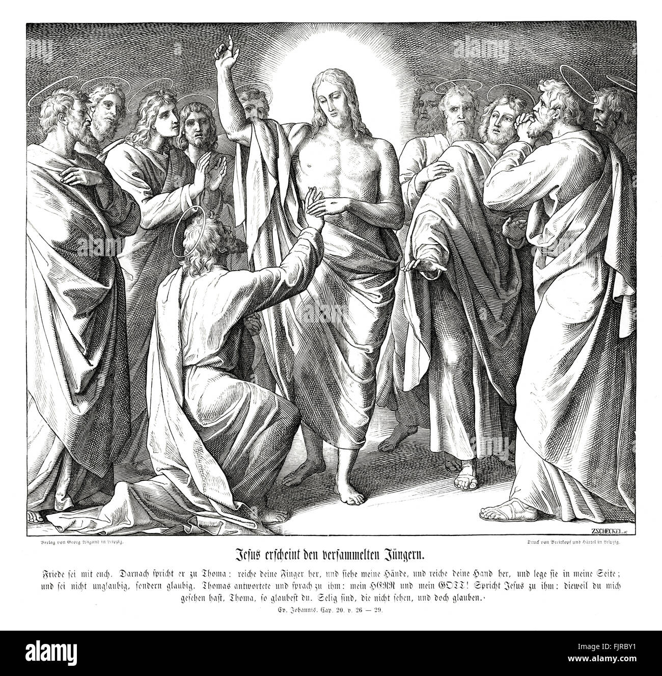 Incredulo Tommaso, il Vangelo di Giovanni capitolo XX versetti 26 - 29 ' Poi disse a Tommaso, raggiungere qua il tuo dito e guarda le mie mani, e raggiungere la porterete qui la tua mano e mettila nel mio costato; e non essere più incredulo ma credente. Allora Tommaso rispose e gli disse: "Mio Signore e mio Dio. Gesù gli disse di lui, Thomas, perché mi hai veduto, hai creduto: beati quelli che non hanno visto e hanno creduto". 1852-60 illustrazione da Julius Schnorr von Carolsfeld Foto Stock