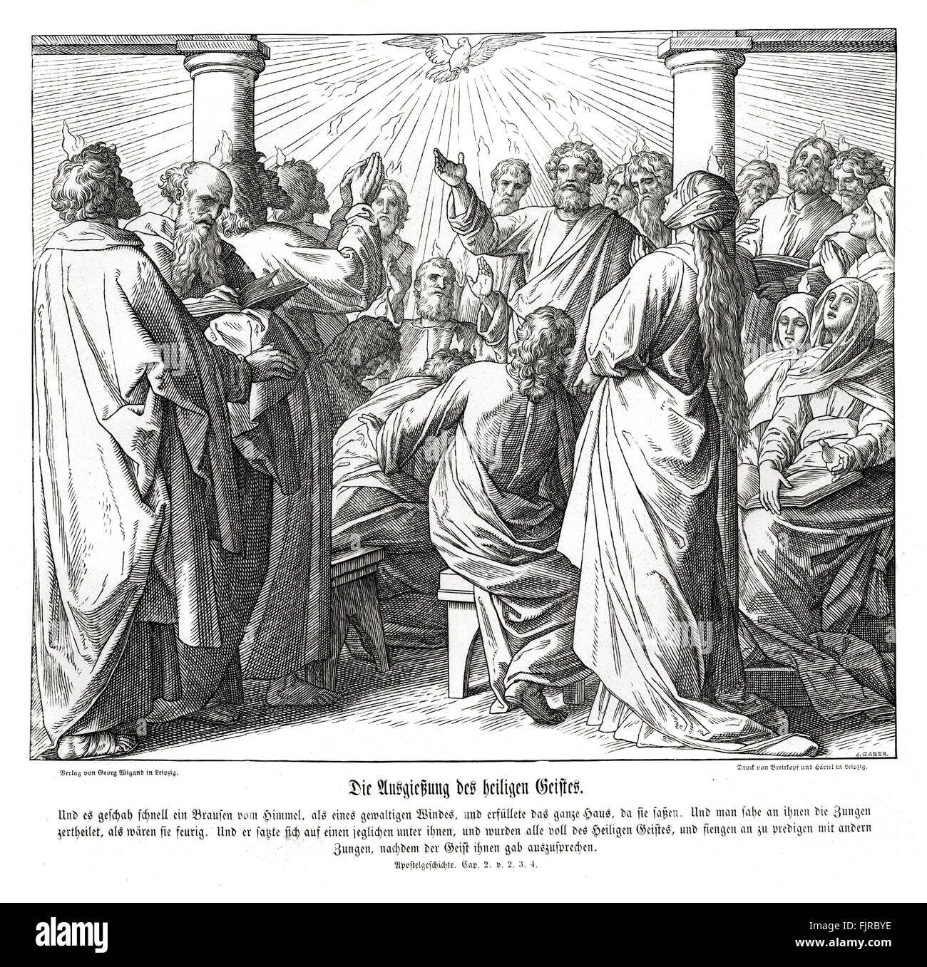 Gli apostoli sono riempiti di Spirito santo, gli atti del capitolo II versetti 2 - 4 "Venne all'improvviso dal cielo un suono come di un vento impetuoso che soffia, e riempì tutta la casa dove si trovavano. E apparve loro selvaggi lingue come di fuoco e si pose a sedere su ciascuno di essi. Ed essi furono tutti pieni di Spirito Santo e cominciarono a parlare in altre lingue come lo Spirito dava loro il potere d esprimersi.' illustrazione 1852-60 da Julius Schnorr von Carolsfeld Foto Stock