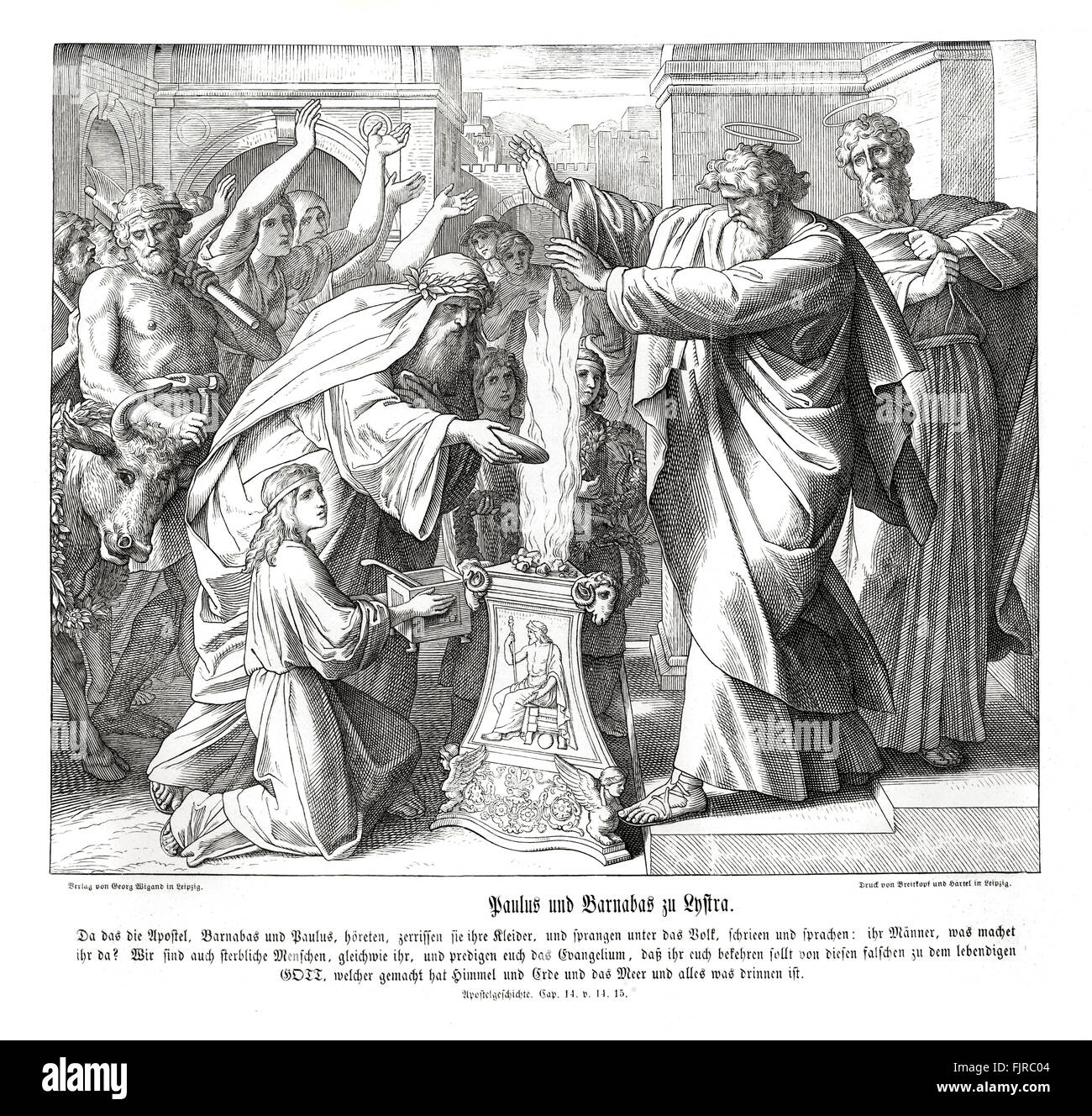 Paolo e Barnabus in Lystria, gli atti del capitolo XIV versetti 14 - 15 'che quando gli apostoli Barnaba e Paolo, udito ciò, si stracciarono le vesti e si precipitarono in mezzo alla folla, gridando e dicendo: "Uomini, perché fate queste cose? Ci sono anche uomini di simili passioni con voi, e predicare a voi che voi dovrebbe girare da queste vanità davanti al Dio vivente che ha fatto il cielo e la terra e il mare e tutte le cose che sono in esso' illustrazione 1852-60 da Julius Schnorr von Carolsfeld Foto Stock