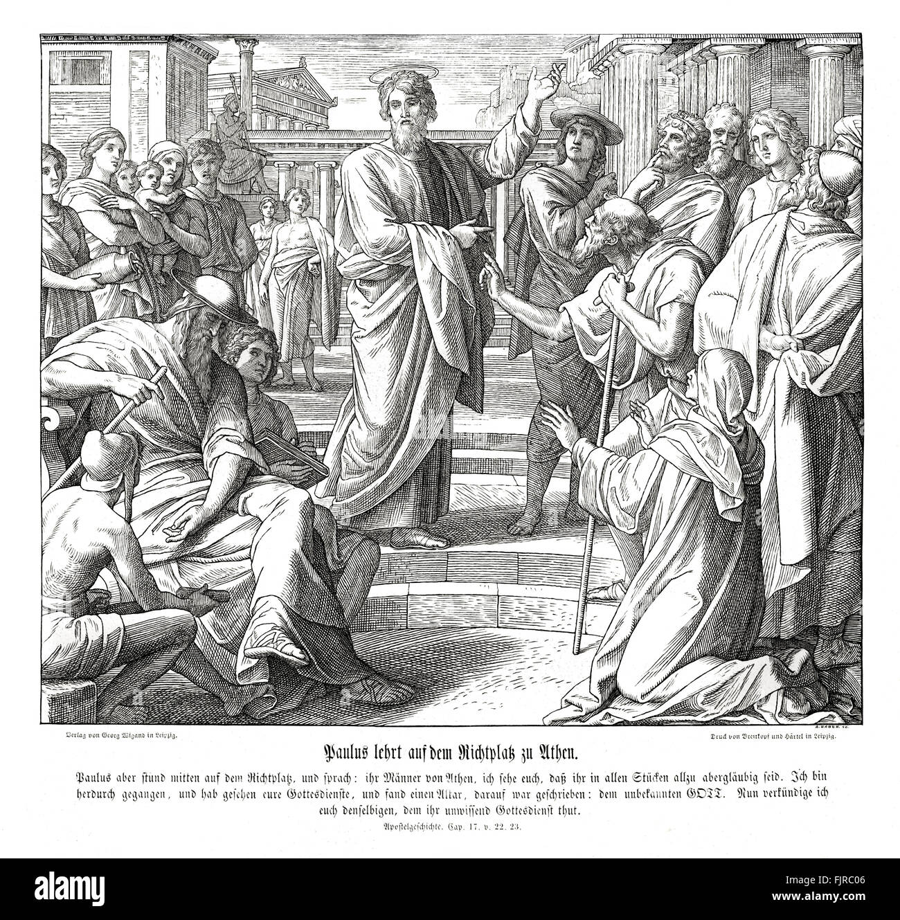 Paolo predica in Atene, atti capitolo XVII versetti 22 - 23 Allora Paolo, stando in piedi in mezzo all'Areopago, disse: "Voi uomini di Atene, vedo che in tutto siete troppo superstiziosi. Per come ho superato da, e contemplando la tua devozioni, ho trovato un altare con l'iscrizione: AL DIO SCONOSCIUTO. Chi dunque voi ignaro culto, lui dichiarare io per voi.' illustrazione 1852-60 da Julius Schnorr von Carolsfeld Foto Stock