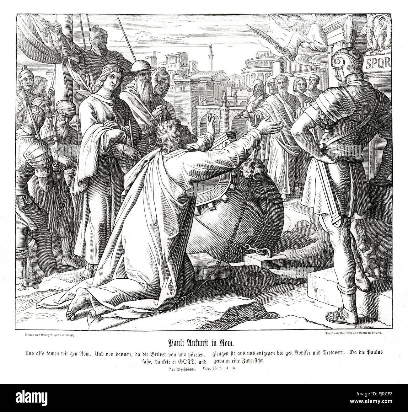 Paolo dell'arrivo a Roma, gli atti del capitolo XXVIII versetti 14 - 15 'dove abbiamo trovato fratelli e sono state desiderate per trattenersi con loro sette giorni: e così siamo andati verso Roma. E di là, quando i fratelli sentito parlare di noi, che è venuto incontro a noi come lontano come Foro Appio e alle Tre Taverne: chi quando ha visto Paolo, ha ringraziato Dio e prese coraggio.' illustrazione 1852-60 da Julius Schnorr von Carolsfeld Foto Stock