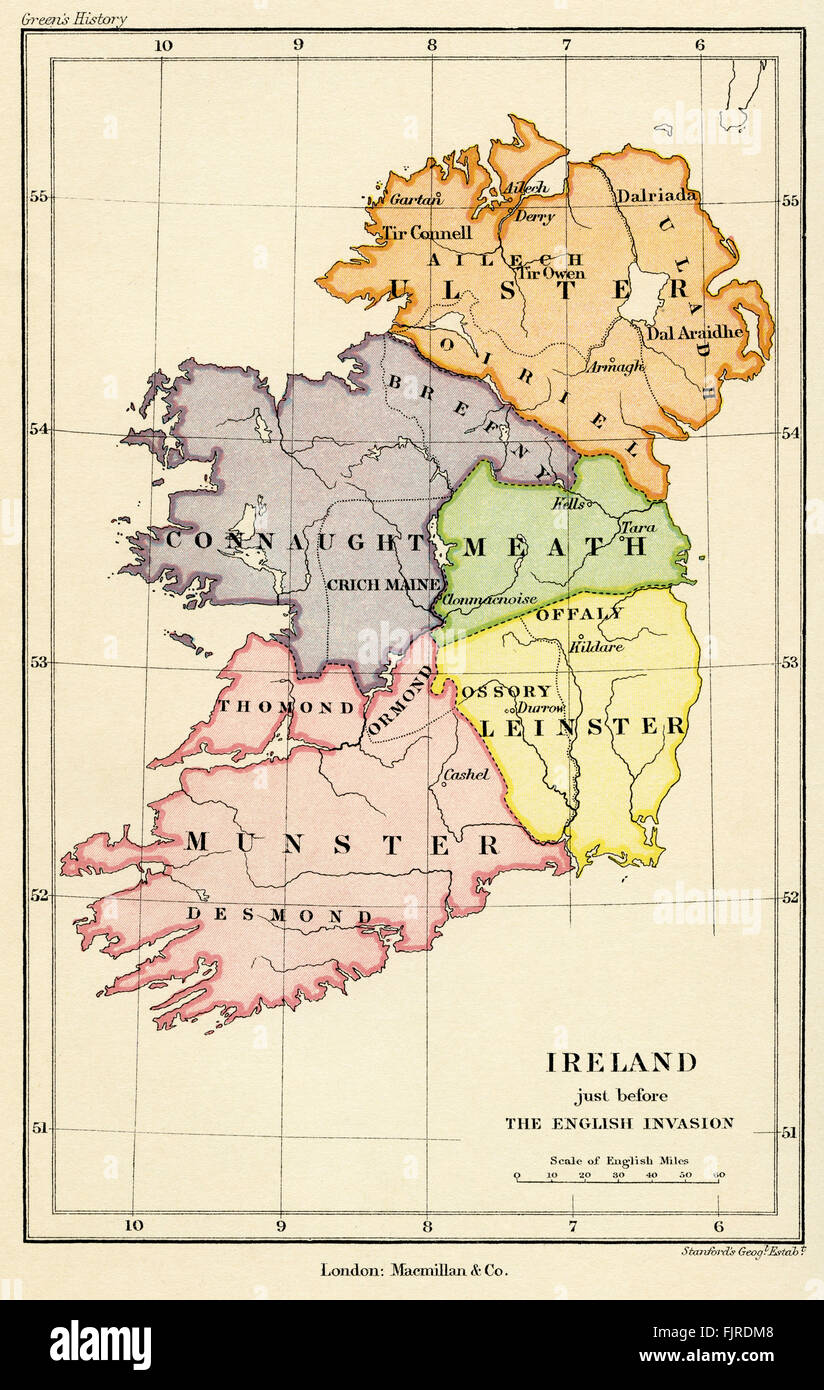 Mappa di Irlanda appena prima invasione inglese in 1588 Foto Stock