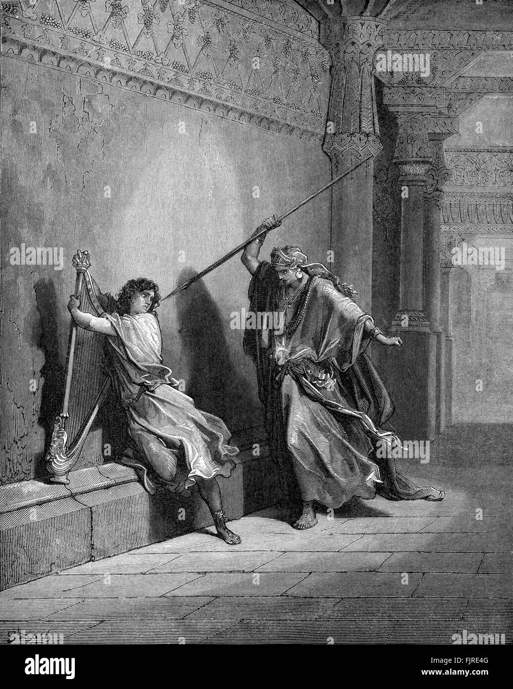 Saul tenta di uccidere Davide (1 Samuele capitolo XVIII), illustrazione di Gustave Doré (1832 - 1883) Foto Stock