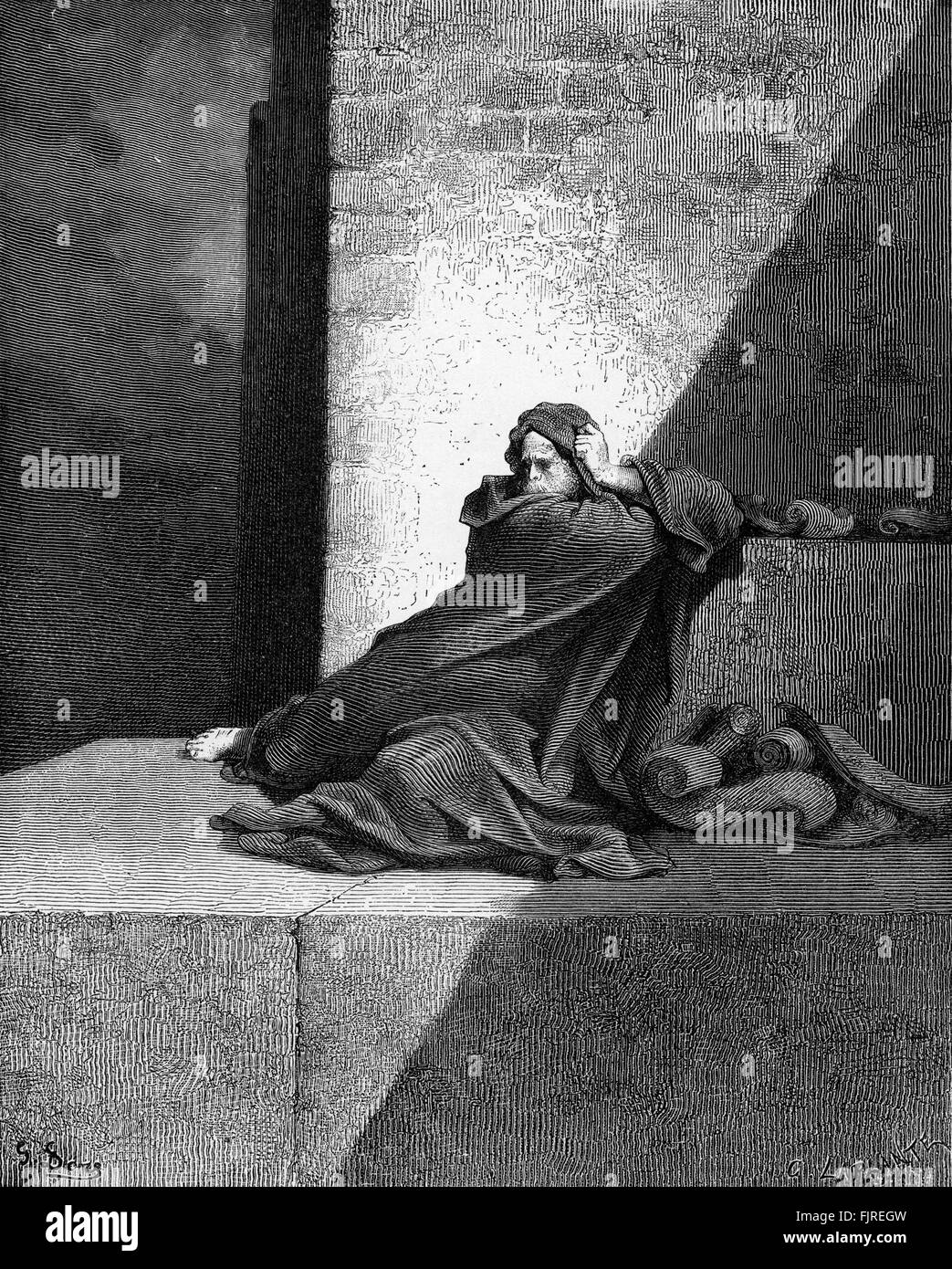 Baruch imprigionato con i suoi manoscritti (Geremia capitoli XXXII e XXXVI), illustrazione di Gustave Doré (1832 - 1883) Foto Stock