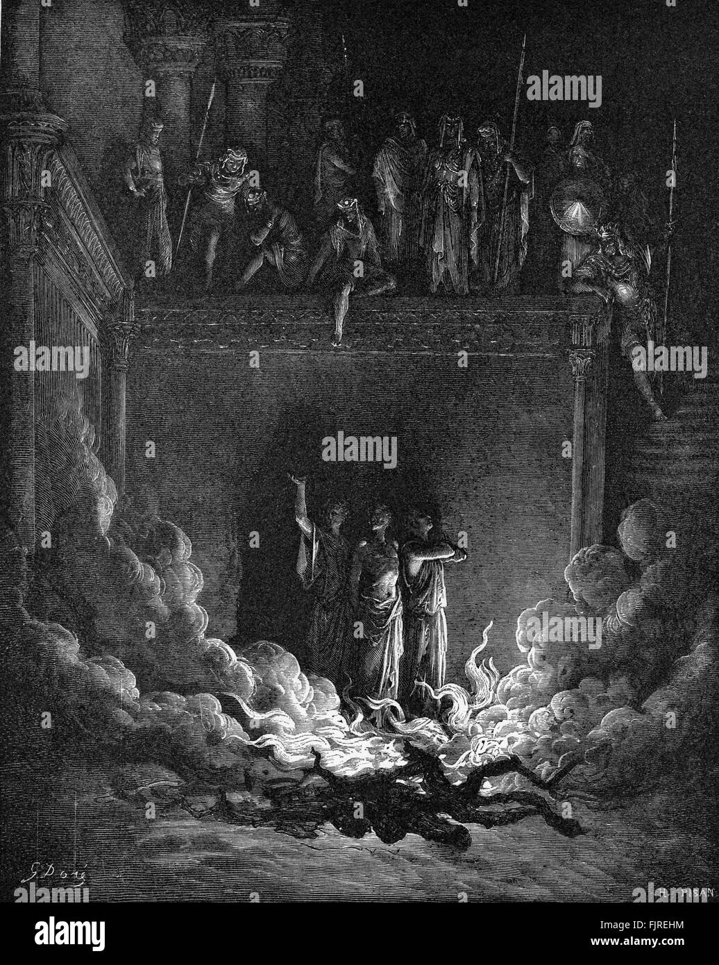 I compagni del profeta Daniele Shadrak, Meshak Abed-nego amd, vengono gettati nella fornace ardente dal re Nebukadnetsar (Daniel capitolo III) illustrazione da Gustave Doré (1832 - 1883) Foto Stock