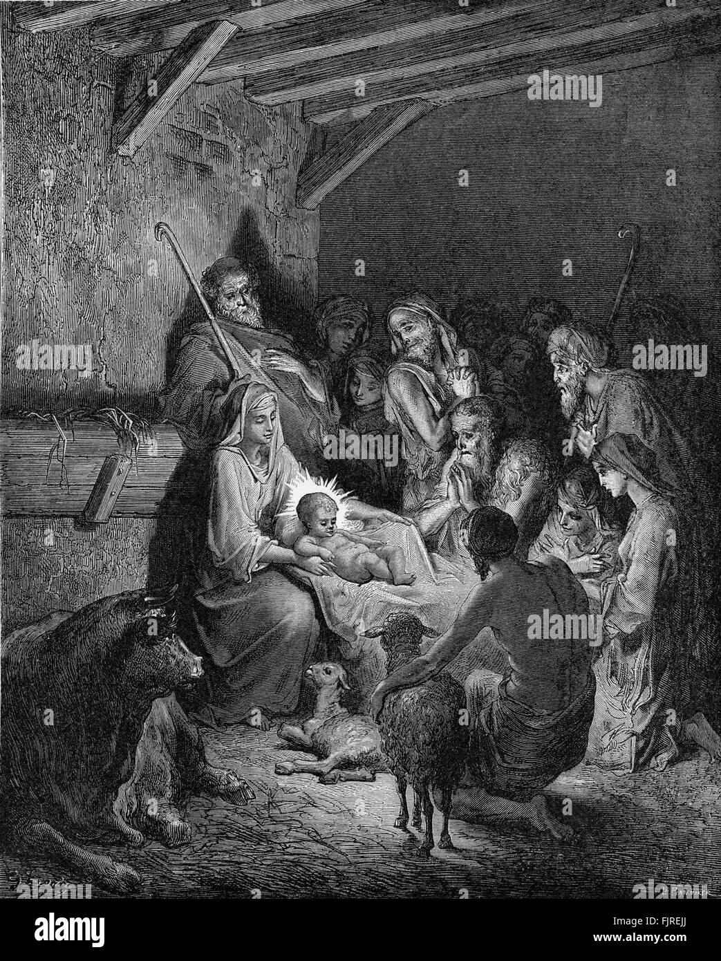 Presepe - visitazione dei pastori per il bambino Gesù a Betlemme (Luca capitolo II), illustrazione di Gustave Doré (1832 - 1883) Foto Stock