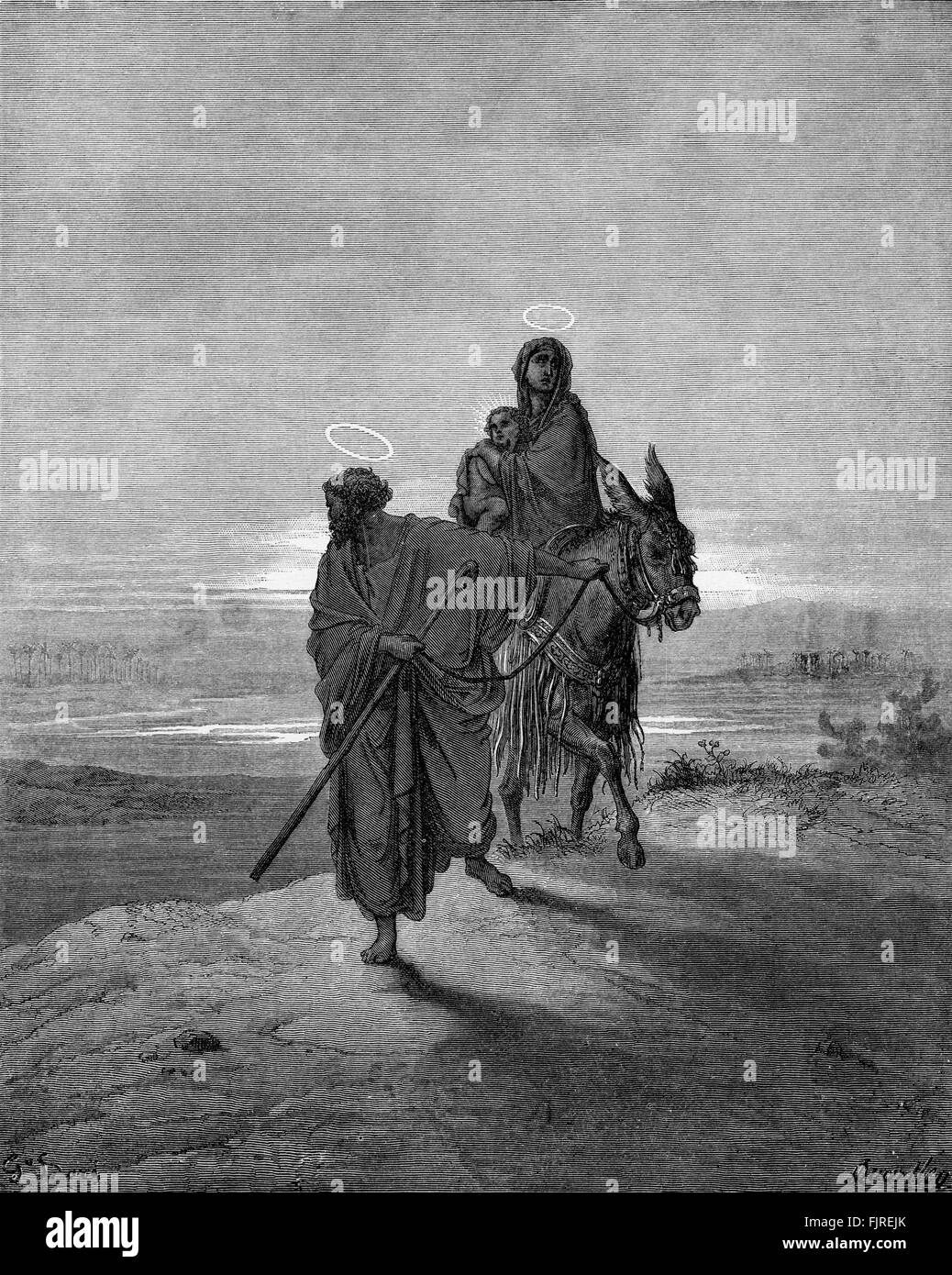 Volo di Maria e di Giuseppe in Egitto con il Bambino Gesù, in fuga il re Erode (Matteo Capitolo II), illustrazione di Gustave Doré (1832 - 1883) Foto Stock