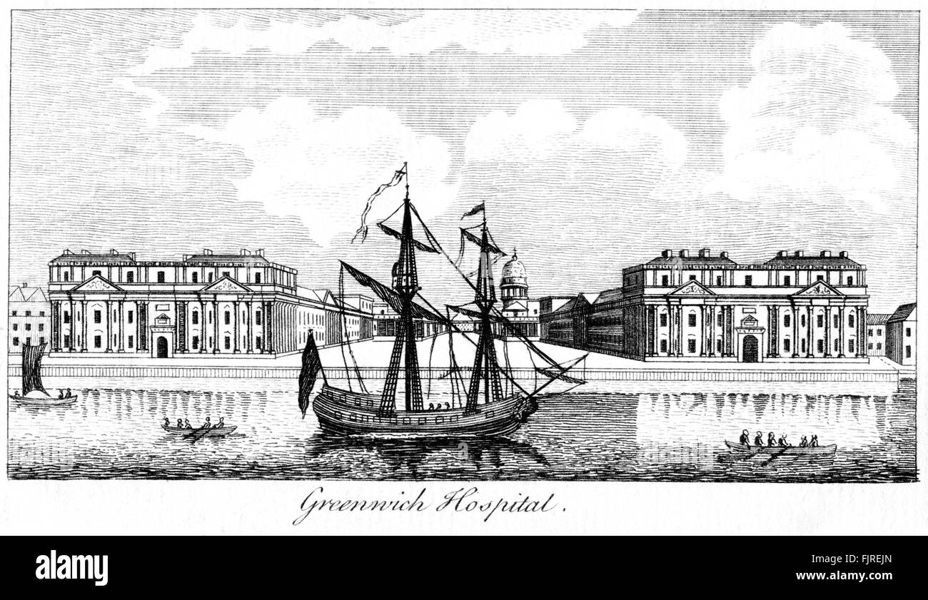 Una incisione di Greenwich Hospital scansionati ad alta risoluzione da un libro stampato in 1763. Ritiene copyright free. Foto Stock