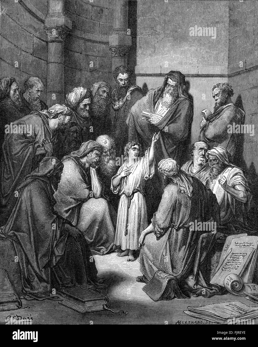 Il Bambino Gesù nel tempio di Gerusalemme, conversando con i medici (Luca capitolo II), illustrazione di Gustave Doré (1832 - 1883) Foto Stock
