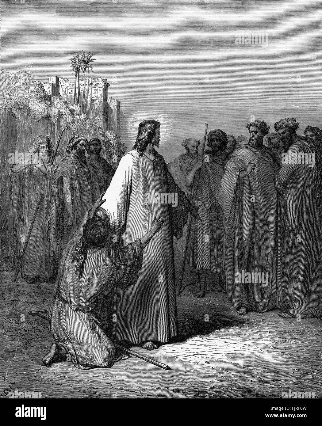 Gesù ripristina l'uomo posseduto da demoni chi è cieco e non può parlare (Matteo Capitolo IX), illustrazione di Gustave Doré (1832 - 1883) Foto Stock