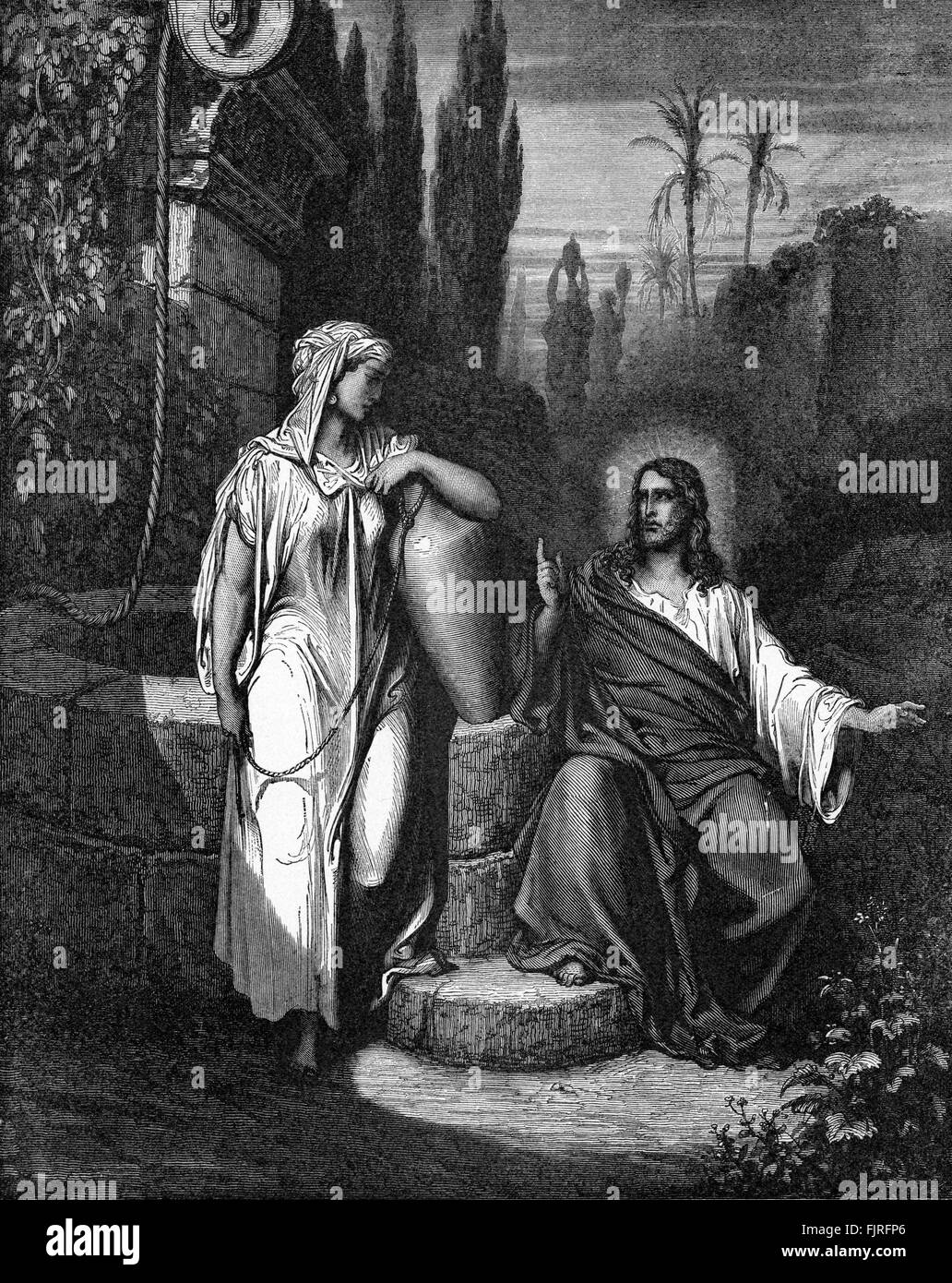 Gesù e la donna di Samaria (Giovanni capitolo IV), illustrazione di Gustave Doré (1832 - 1883) Foto Stock