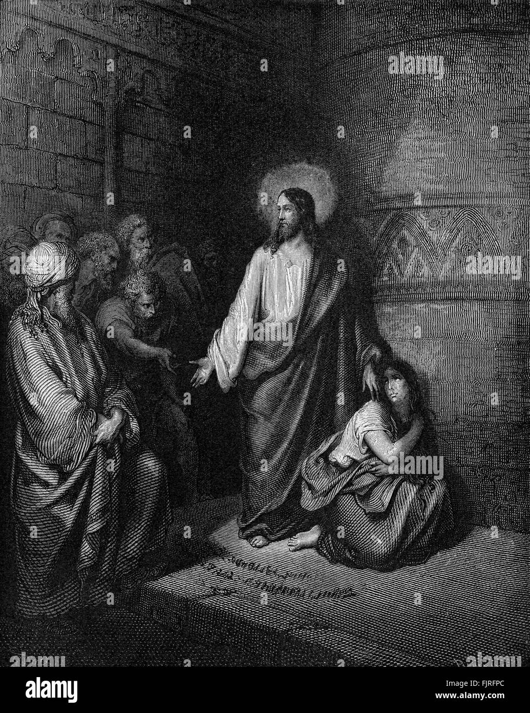 Gesù e la donna presa in adulterio (Giovanni capitolo VIII), illustrazione di Gustave Doré (1832 - 1883) Foto Stock