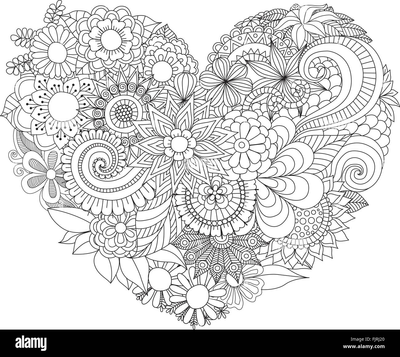 Line art design di bellissimi fiori a forma di cuore per scheda,invito,elemento di design e di colorazione per adulti pagina del libro. Illustrazione Vettoriale Illustrazione Vettoriale