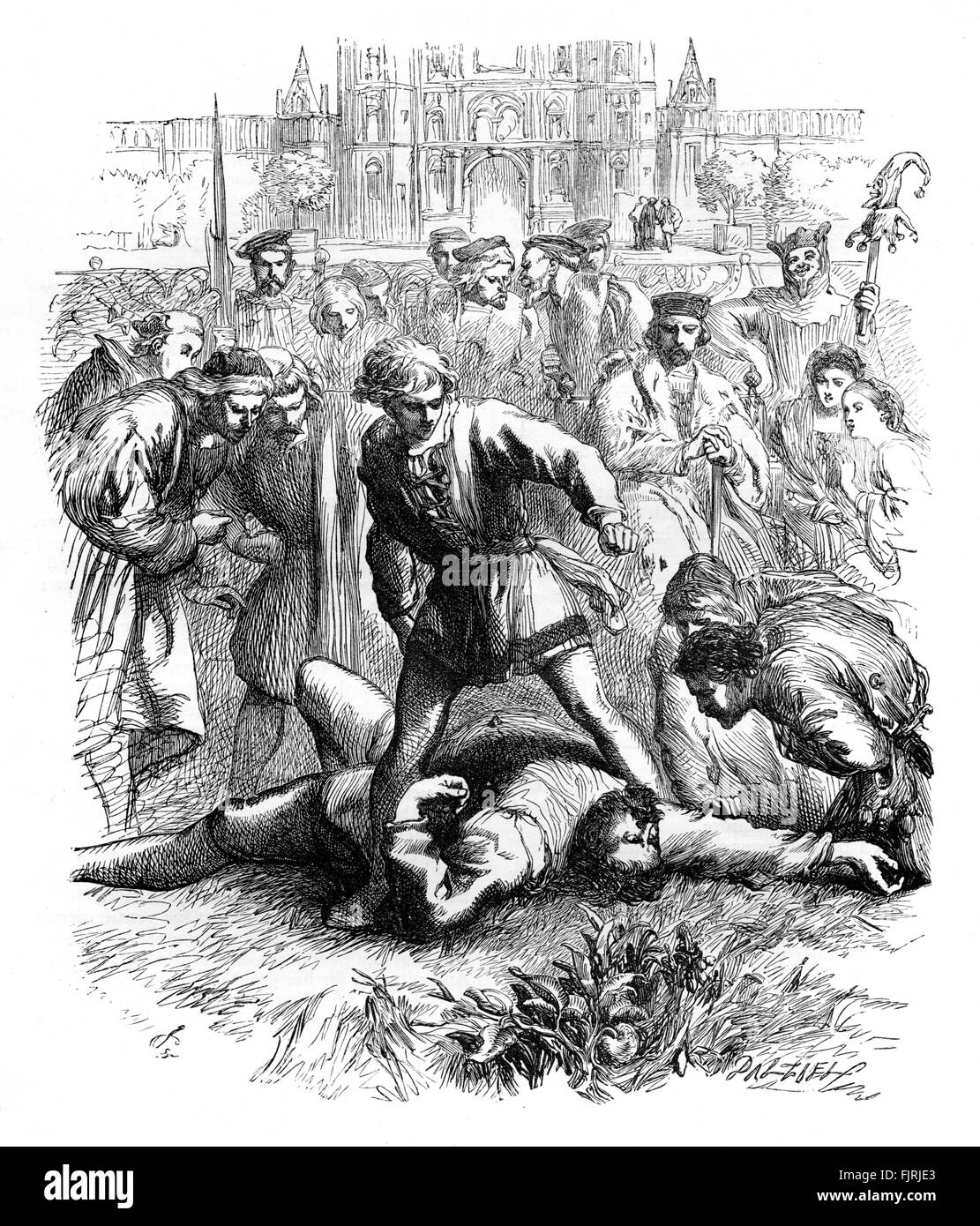 William Shakespeare 's come vi piace - ATTO I Scena II. Orlando getta Charles in un match wrestling. Guardare la partita sono il Duca Federico, Rosalind, Celia, Le Beau, signori e gli operatori. WS: drammaturgo inglese 26 Aprile 1564 - 23 aprile 1616. Illustrazione di John Gilbert. Foto Stock