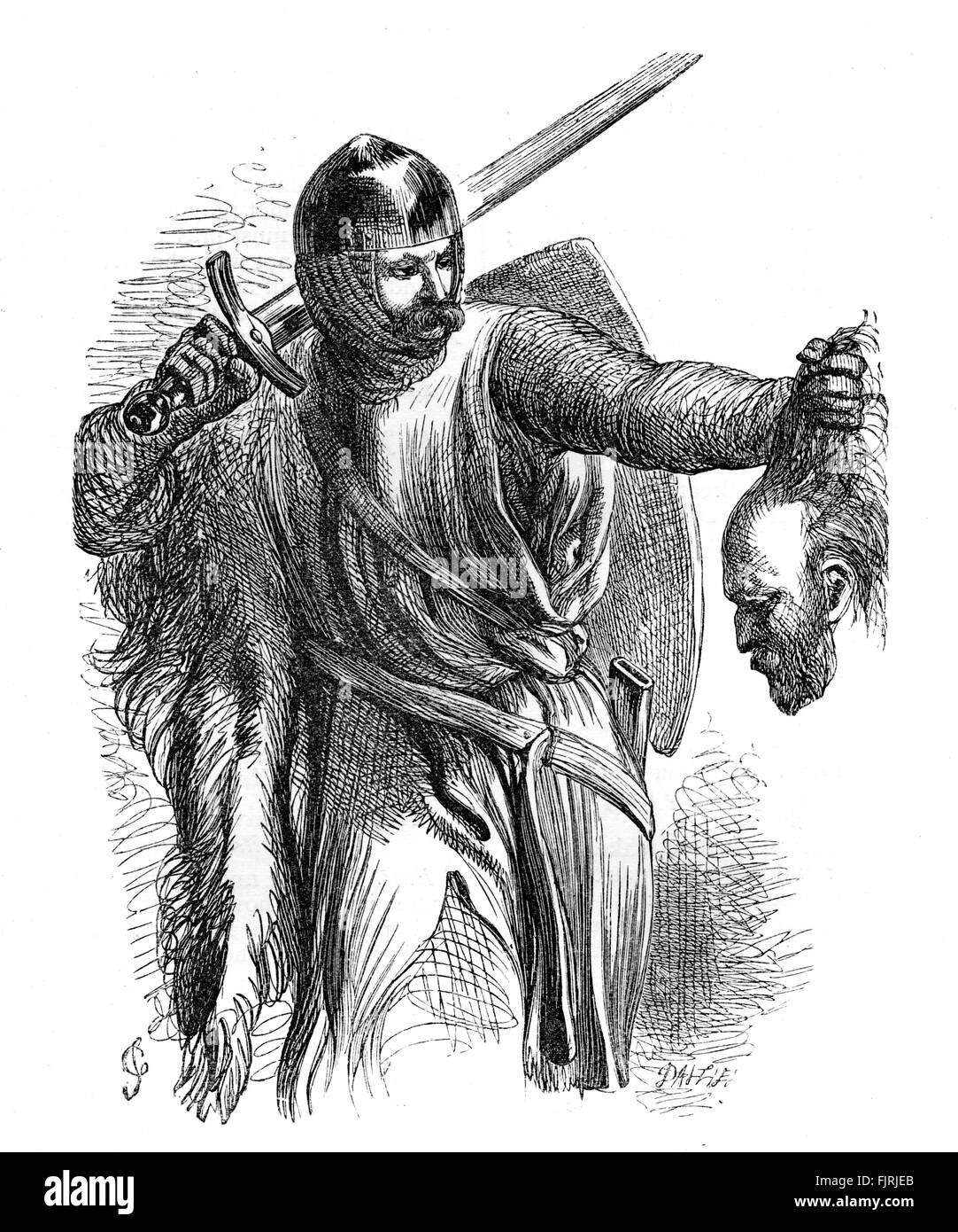 William Shakespeare 's King John - Atto III scena II. Philip Faulconbridge con la testa dell'Arciduca d'Austria. WS: drammaturgo inglese 26 Aprile 1564 - 23 aprile 1616. Illustrazione di John Gilbert. Foto Stock