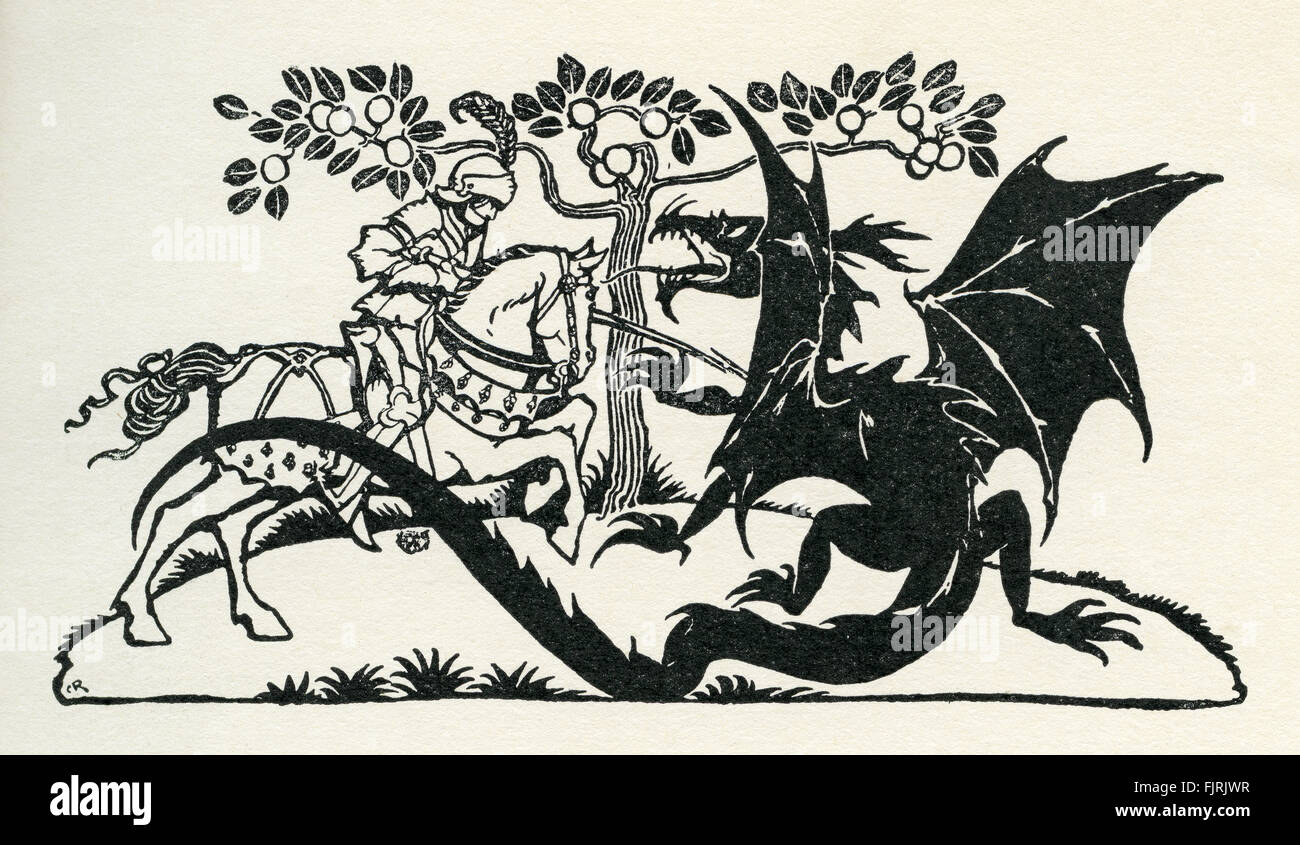 St George di Merrie England, inglese fiaba. San Giorgio che uccide il drago. Illustrazione di Arthur Rackham (1867 - 1939) Foto Stock