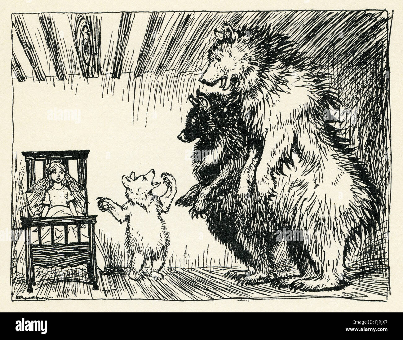 La storia dei Tre Orsi, inglese fiaba. La porta di trovare la storia di Riccioli d'oro nel piccolo orso letto. La didascalia recita: "omebody è stato disteso nel mio letto, e qui è lei!". Illustrazione di Arthur Rackham (1867 - 1939) Foto Stock