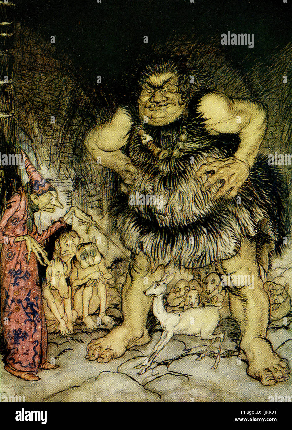 Jack con l'assassino gigante, inglese fiaba. La didascalia recita: "Il Gigante Galligantua e il malvagio mago vecchio trasformare il duca della figlia in un bianco hind'. Illustrazione di Arthur Rackham (1867 - 1939) Foto Stock