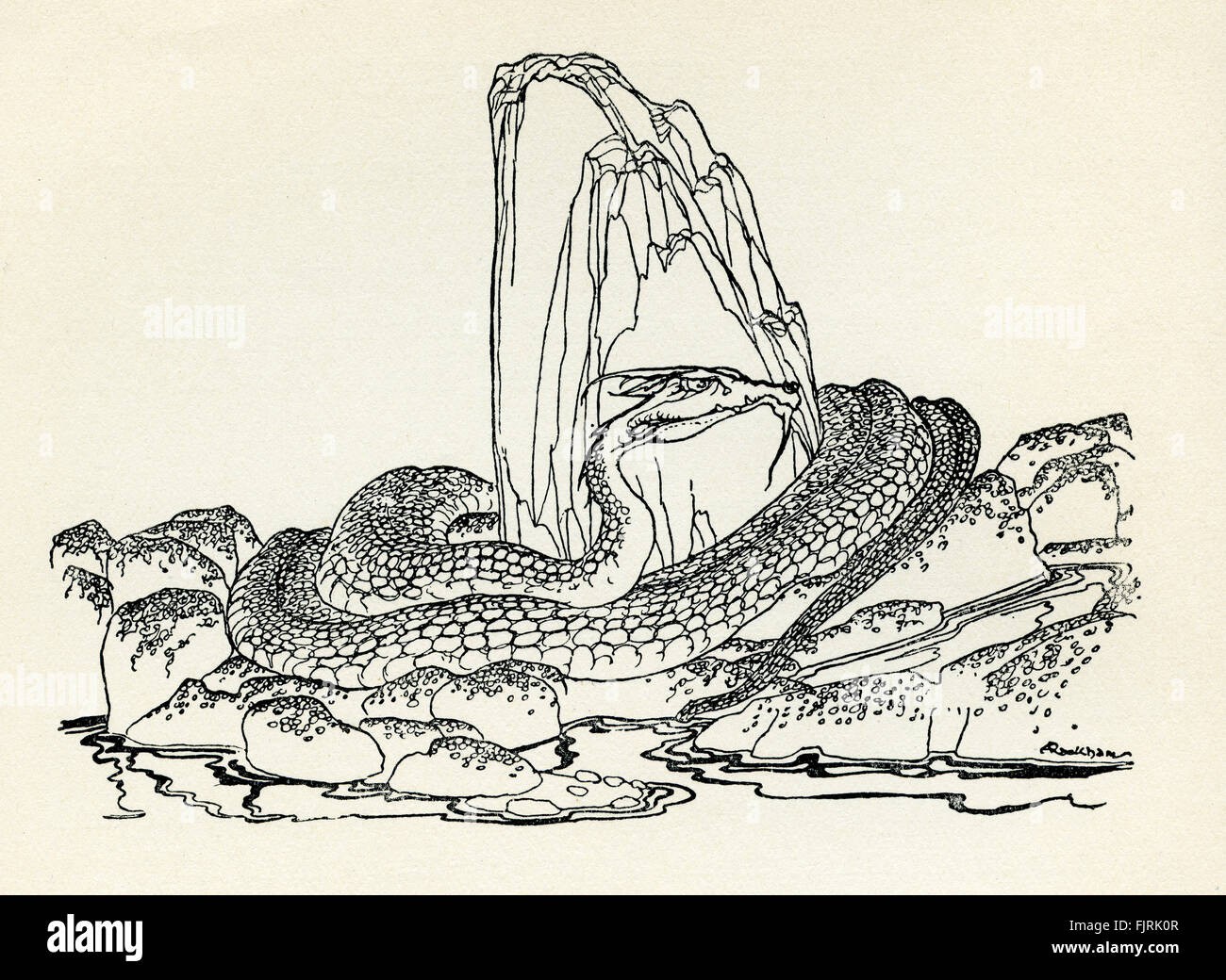 Il worm Laidly di Bamborough, inglese fiaba. Il drago (WORM) avvolta attorno ad una roccia. Illustrazione di Arthur Rackham (1867 - 1939) Foto Stock