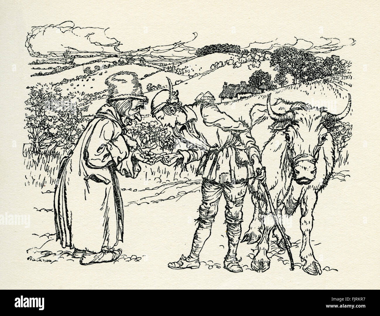 Il martinetto e la Beanstalk, inglese fiaba. Jack trades sua mucca Milky-White per una manciata di fagioli. Illustrazione di Arthur Rackham (1867 - 1939) Foto Stock