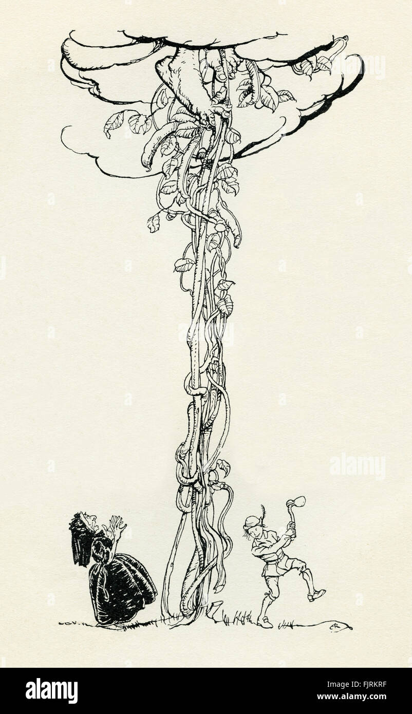 Il martinetto e la Beanstalk, inglese fiaba. Costolette di Jack giù il beanstalk come l orco è la scalata verso il basso dopo di lui. Illustrazione di Arthur Rackham (1867 - 1939) Foto Stock