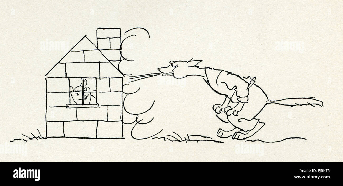 Il Three Little Pigs, inglese fiaba. Il lupo non può soffiare verso il basso il terzo pig's casa fatta di mattoni. Illustrazione di Arthur Rackham (1867 - 1939) Foto Stock