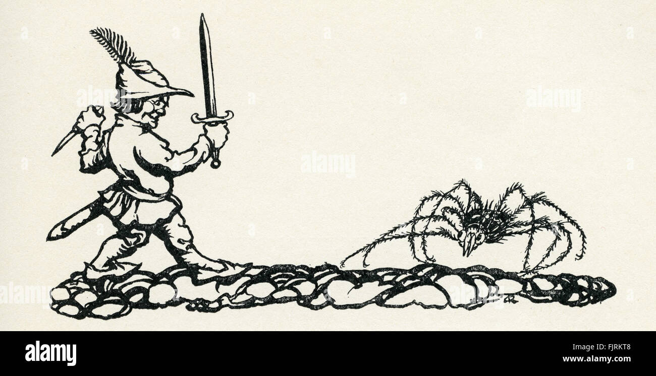 Thomas pollice / Tom Thumb, inglese fiaba. Tom Thumb e il ragno che lo uccide. Illustrazione di Arthur Rackham (1867 - 1939) Foto Stock