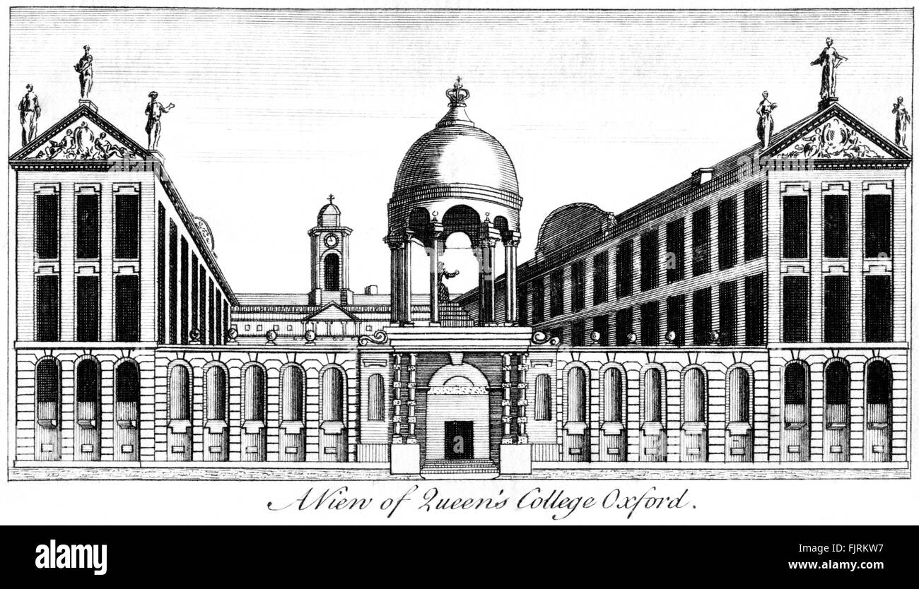 Una incisione di una vista del Queens College di Oxford scansionati ad alta risoluzione da un libro stampato in 1763. Ritiene copyright free. Foto Stock