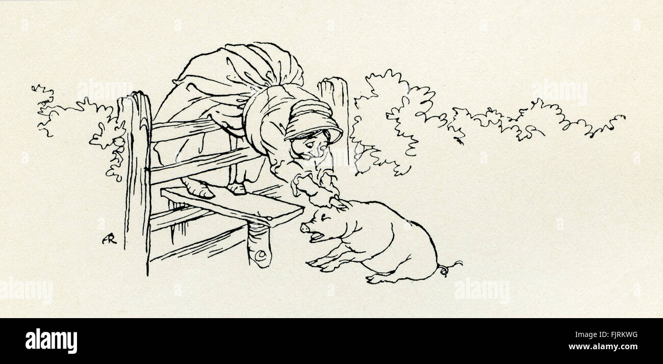 Il vecchio donna e del maiale, inglese fiaba. Illustrazione di Arthur Rackham (1867 - 1939) Foto Stock