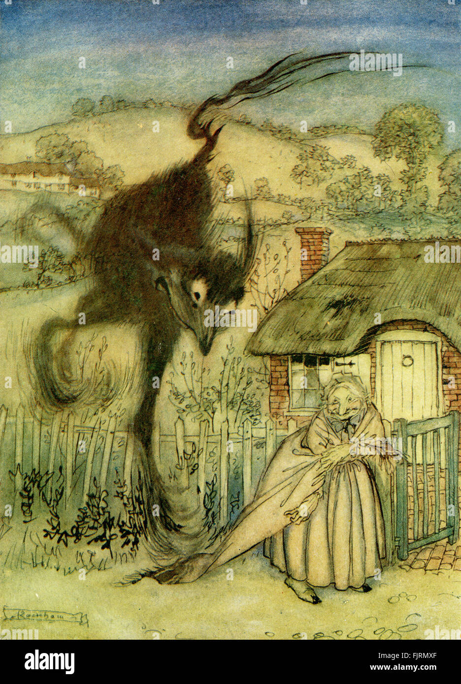 Il Bogey bestia, inglese fiaba. Il vecchio donna spaventa lontano il bogey bestia. Illustrazione di Arthur Rackham (1867 - 1939) Foto Stock