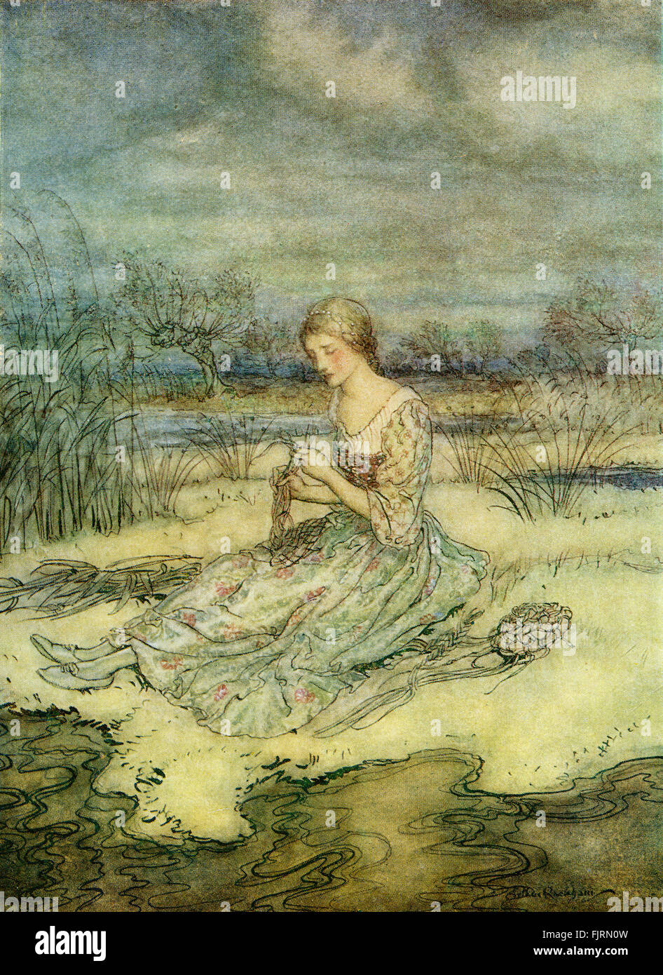 Caporushes, inglese fiaba. La ragazza si mette un cao e robe fuori di giunchi. La didascalia recita: "egli sate giù e intrecciati di se stessa una complessiva di giunchi e un cappuccio di match' illustrazione di Arthur Rackham (1867 - 1939) Foto Stock