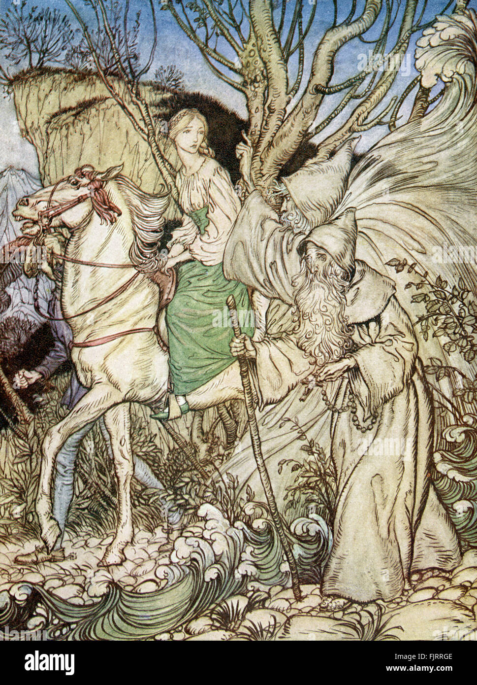 Undine di Friedrich de la Motte Fouqué, illustrato da Arthur Rackham. ( Undine, uno spirito di acqua, sposa un cavaliere di nome Huldebrand al fine di ottenere un'anima). La didascalia recita ' 'piccolo nipote,' detto Kuhleborn, "non dimenticare che io sono qui con te come una guida' '. Illustrator AR 1867-1939. Autore F de la MF 12 Febbraio 1777 - 23 gennaio 1843. Foto Stock