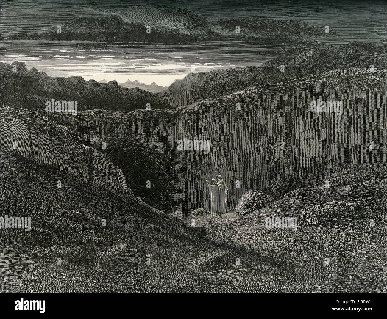Dante Alighieri, La Divina Commedia, l'Inferno (Divina Commedia, Inferno) - Canto III (3): illustrazione di Gustave Doré per la linea 9 - "ogni speranza abbandonare, voi che entra qui' - iscrizione su le porte dell'inferno. Dante, poeta italiano, c. 29 Maggio 1265 - 13/14 settembre 1321. Doré, artista francese, 6 gennaio 1832 - 23 Gennaio 1883 Foto Stock