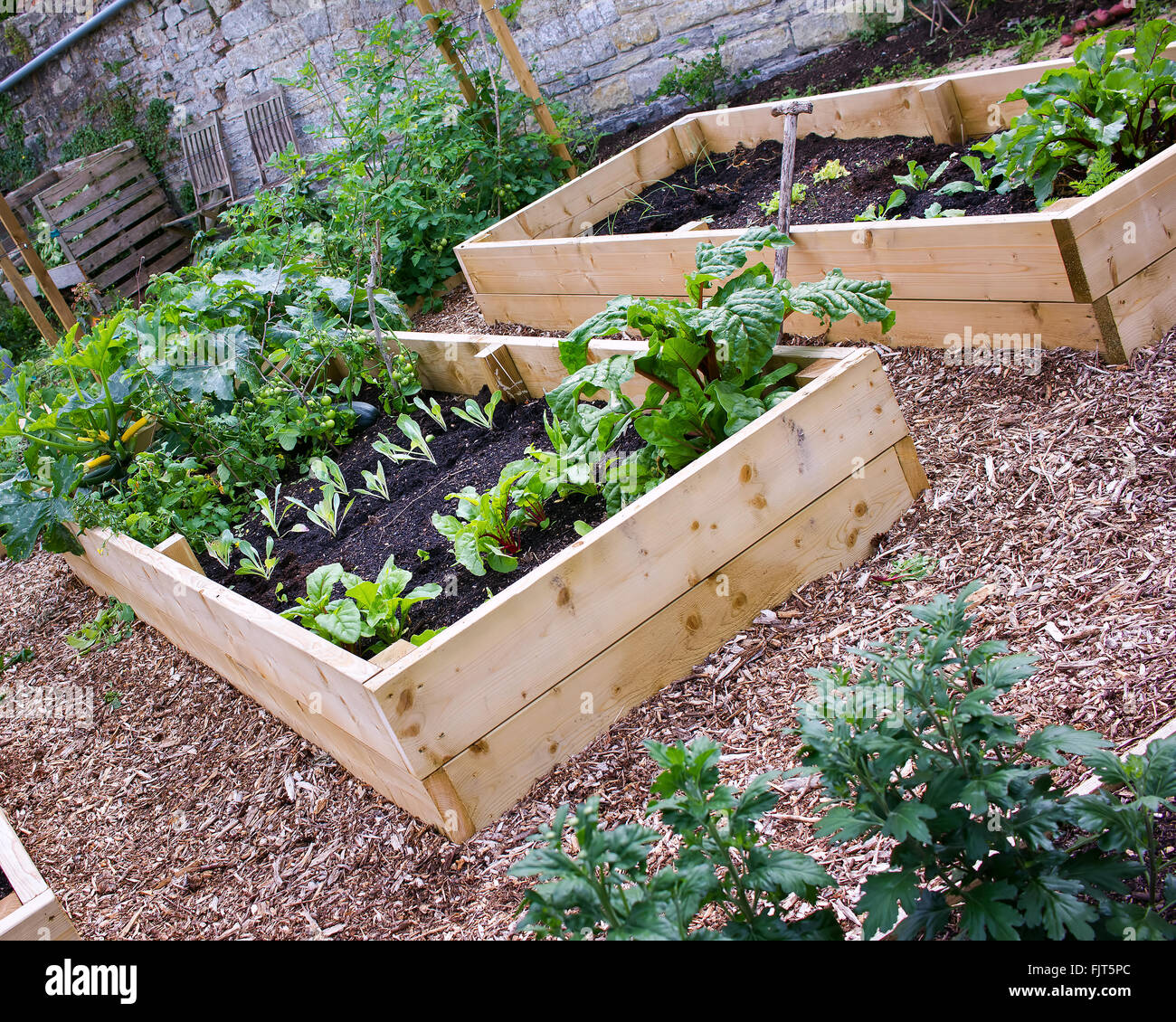 Paese rustico Vegetable & Flower Garden con letti sollevata Foto Stock