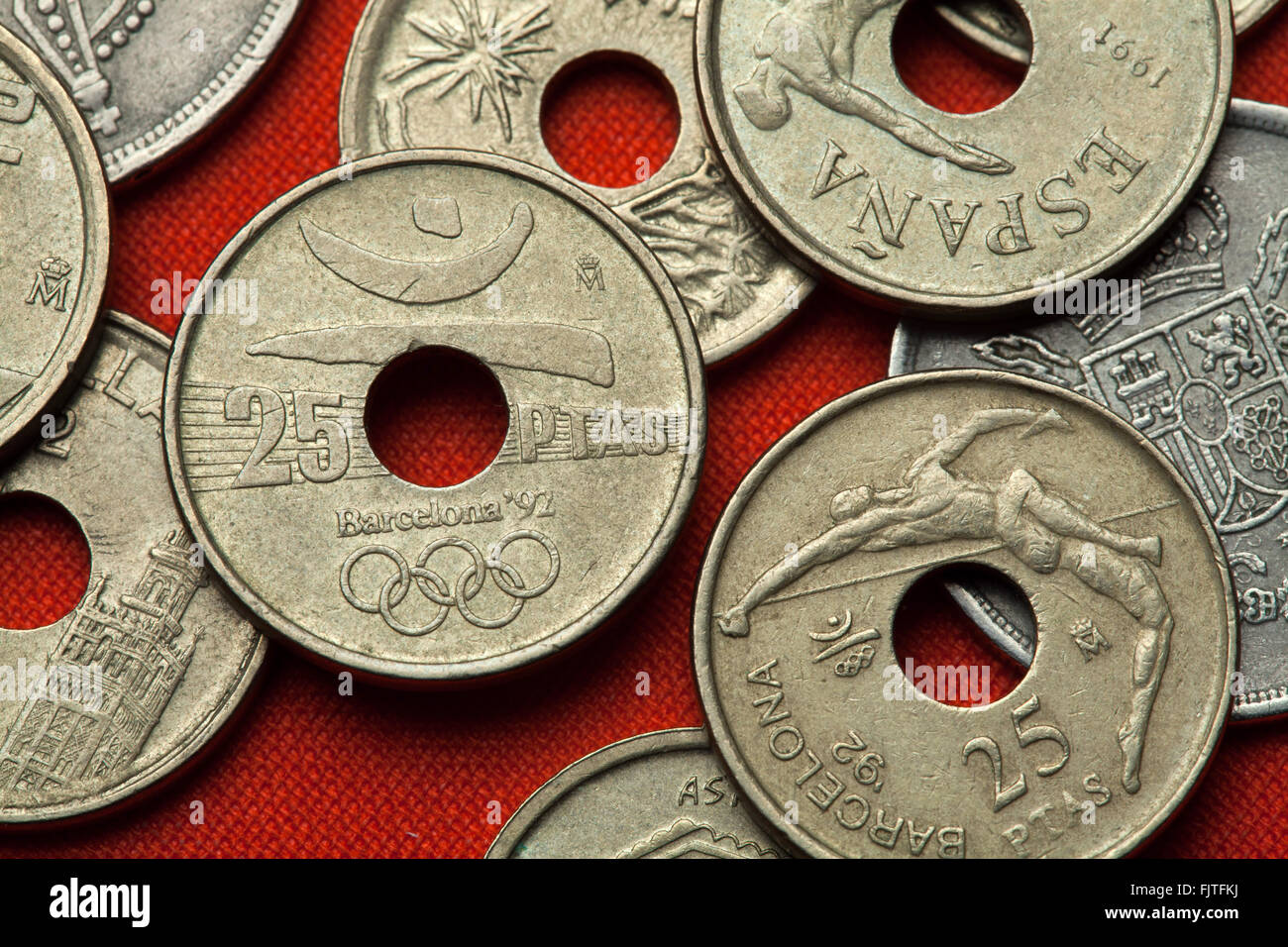 Monete di Spagna. Logo per il Barcellona 1992 Olimpiadi di estate raffigurato in spagnolo 25 peseta moneta. Foto Stock