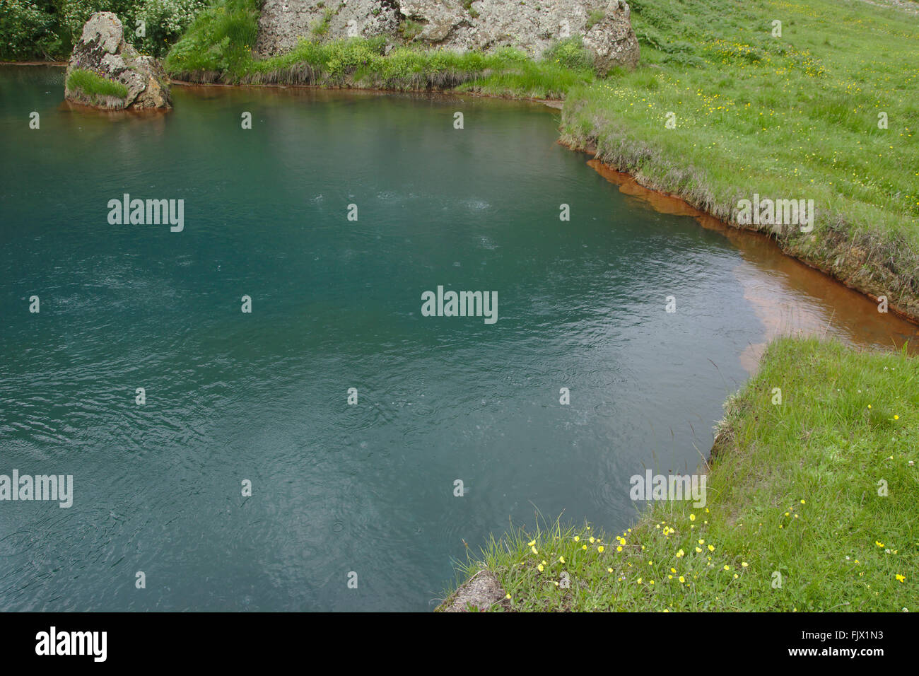 Lago carbonata, sorgente di acqua minerale frizzante, Truso Valley, Kazbegi National Park, Georgia Foto Stock