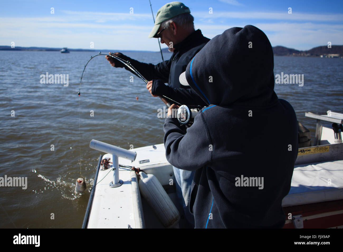 Ragazzo la bobinatura in un pesce con l'assistenza di una guida di pesca sul fiume Hudson, New York Foto Stock