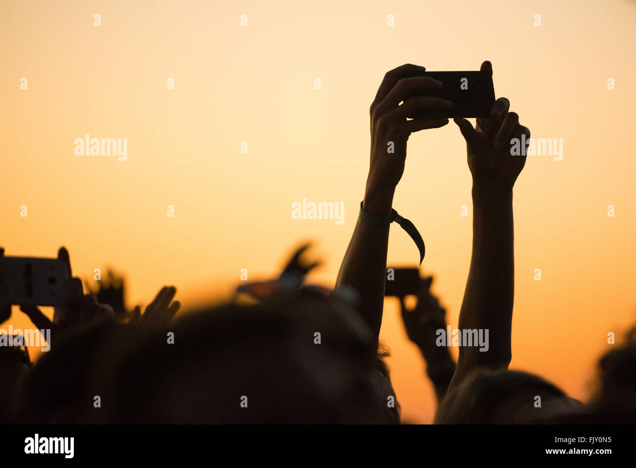 Mani tagliate fotografando attraverso Smart Phone durante il Festival di musica Foto Stock