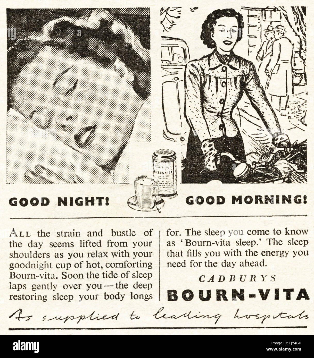 Vintage originale annuncio da 1940s. Annuncio datato 1947 pubblicità CADBURY'S BOURNVITA cioccolato drink di malto. Foto Stock