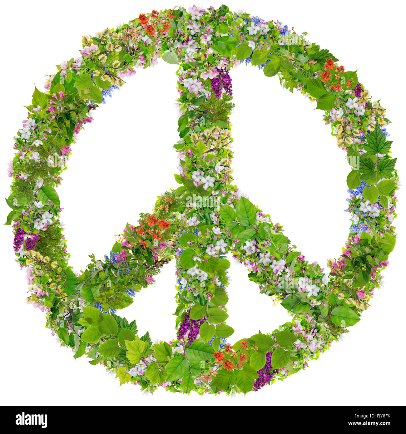 Verde simbolo di pace abstract collage realizzato dalla molla di fresco rami di piante e fiori. Isolato Foto Stock