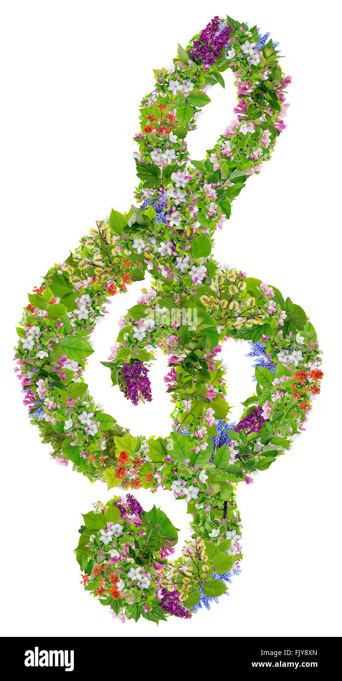 Verde musicale di Pasqua simbolo chiave per la molla musiche eco. Isolato astratto collage fatti a mano provenienti dalle sorgenti di piante e fiori Foto Stock
