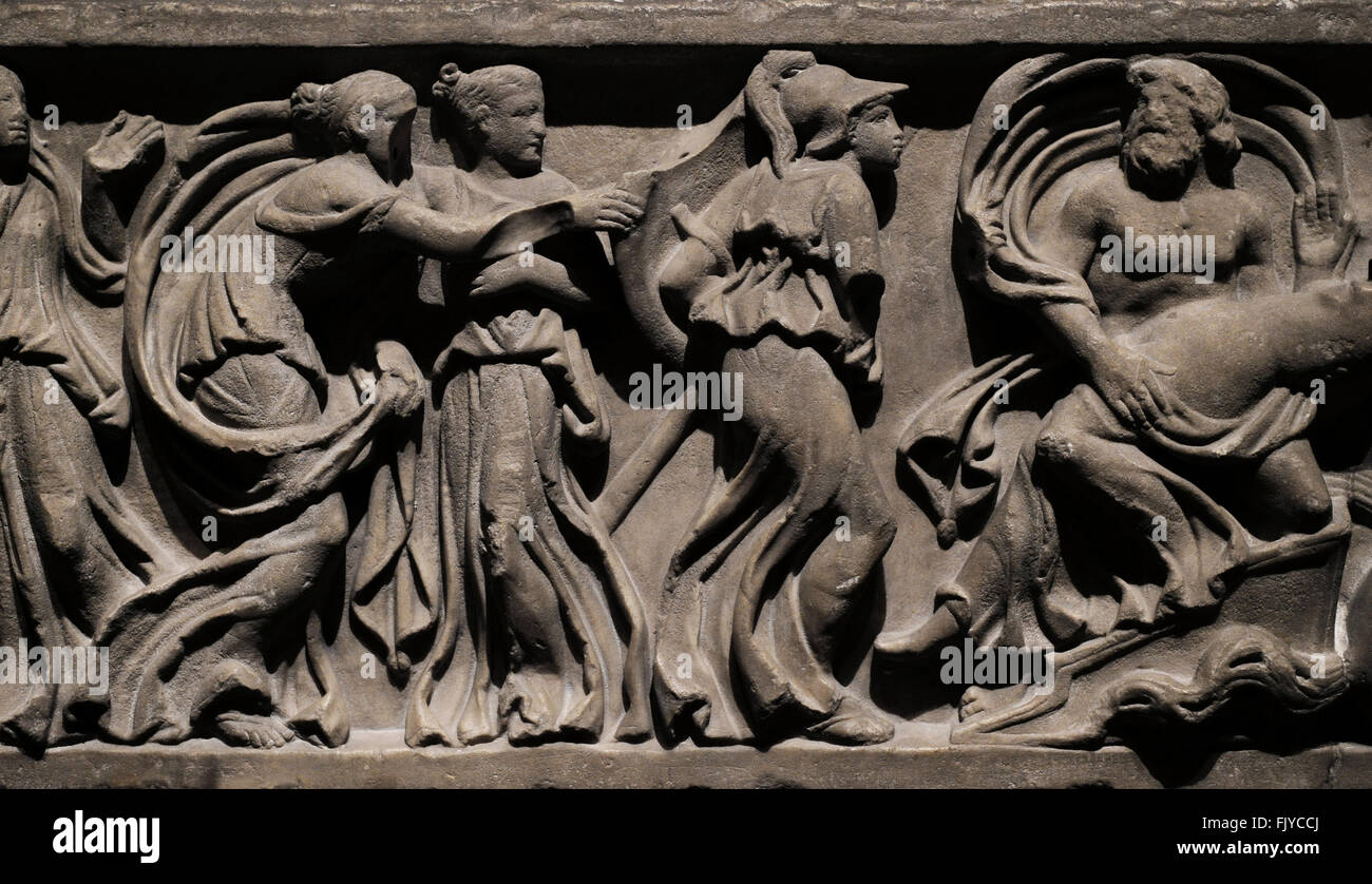 Sarcofago romano pannello. Hades rapire Persefone. Terzo trimestre del II secolo D.C. Il marmo. Lo stato Museo Hermitage. San Pietroburgo. La Russia. Foto Stock
