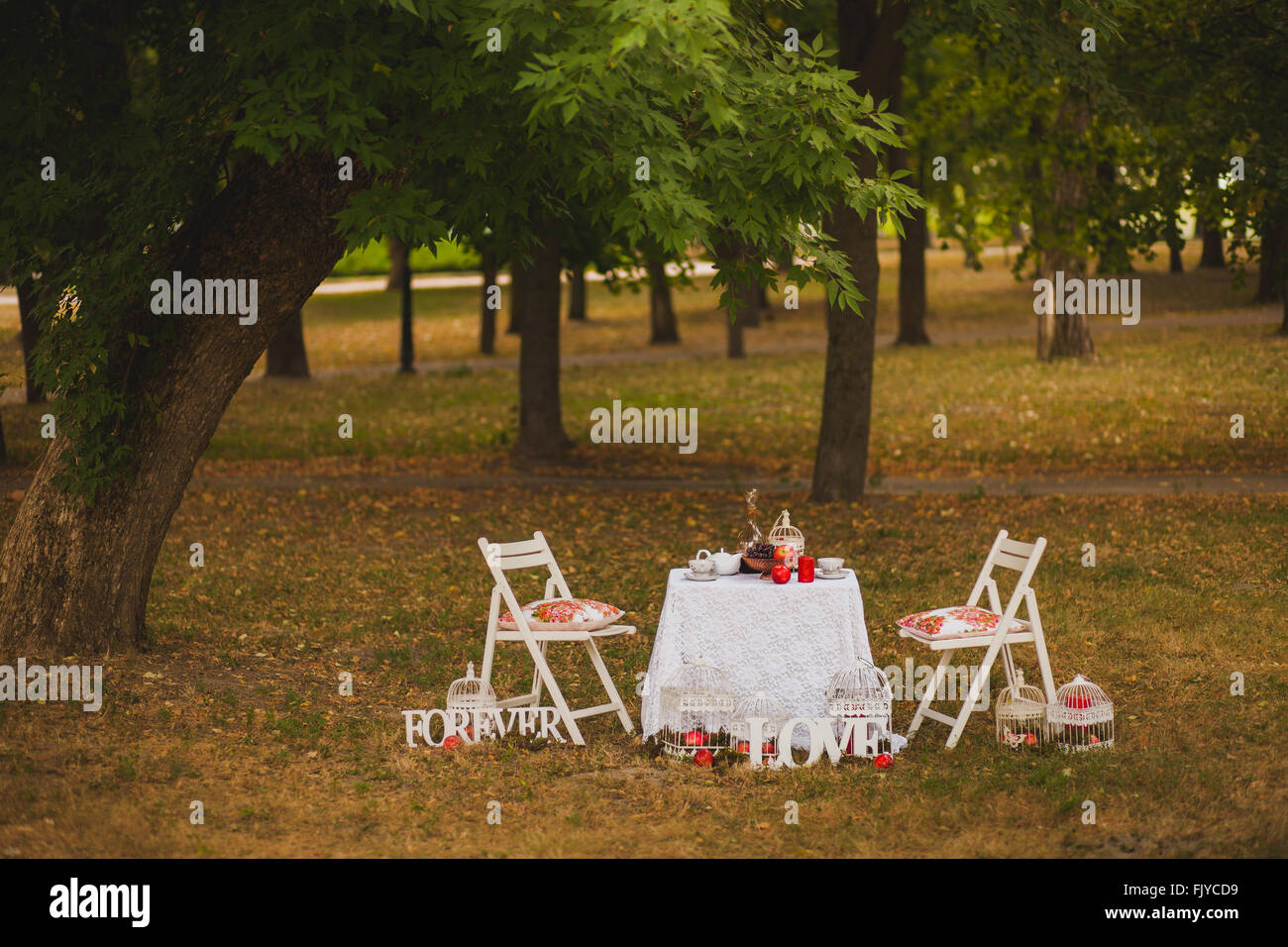 Bella photobooth in legno di autunno. Decorate sedie e tavolo. Immagine tonica e stilizzato in stile retrò. Immagine tonica e styliz Foto Stock