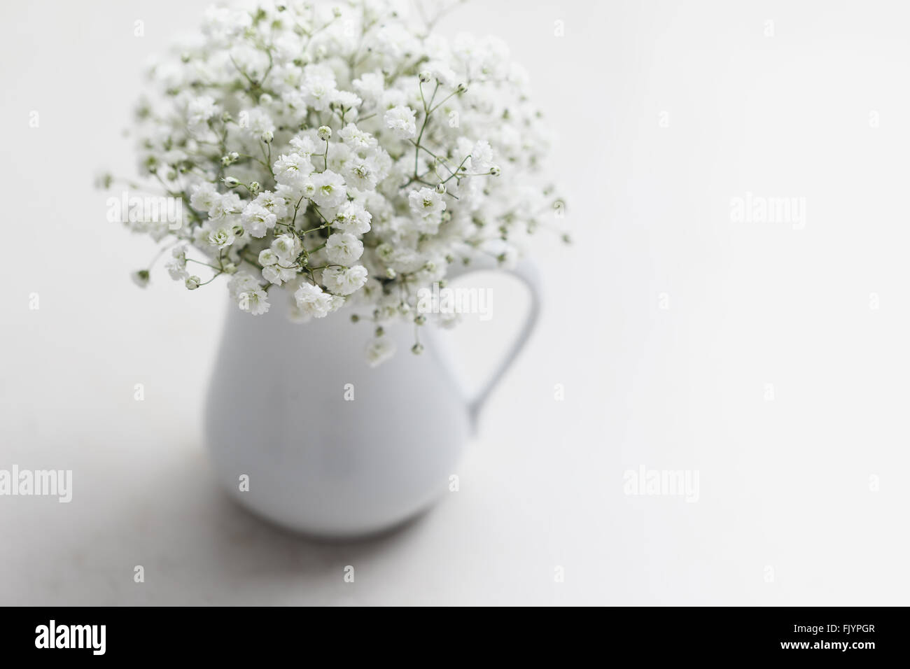 White baby l'alito di fiori (Gypsophila) nel vaso bianco Foto Stock