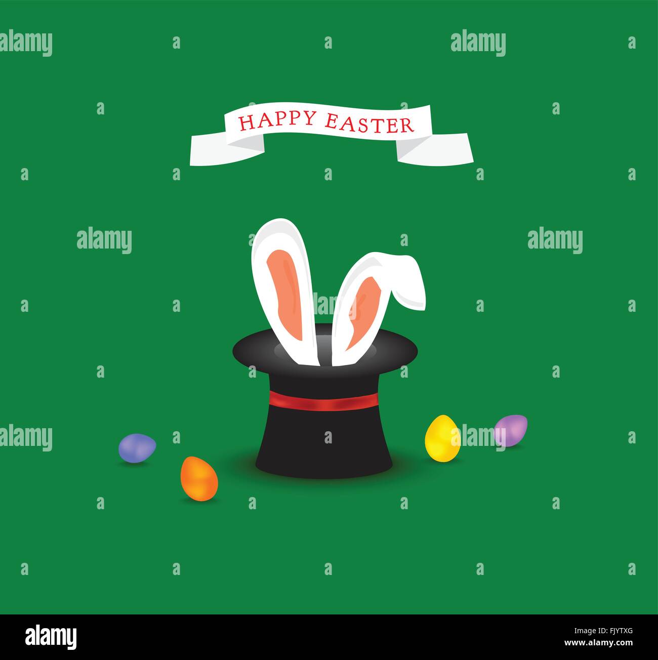 Felice Pasqua biglietto di auguri con orecchie di coniglietto uscente di magic hat e colorate uova di Pasqua Illustrazione Vettoriale