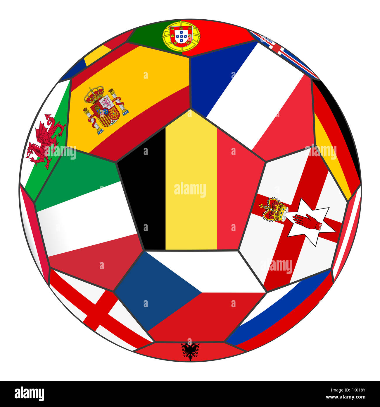 Sfera su uno sfondo bianco con bandiere di paesi europei - la bandiera del Belgio nel centro Foto Stock