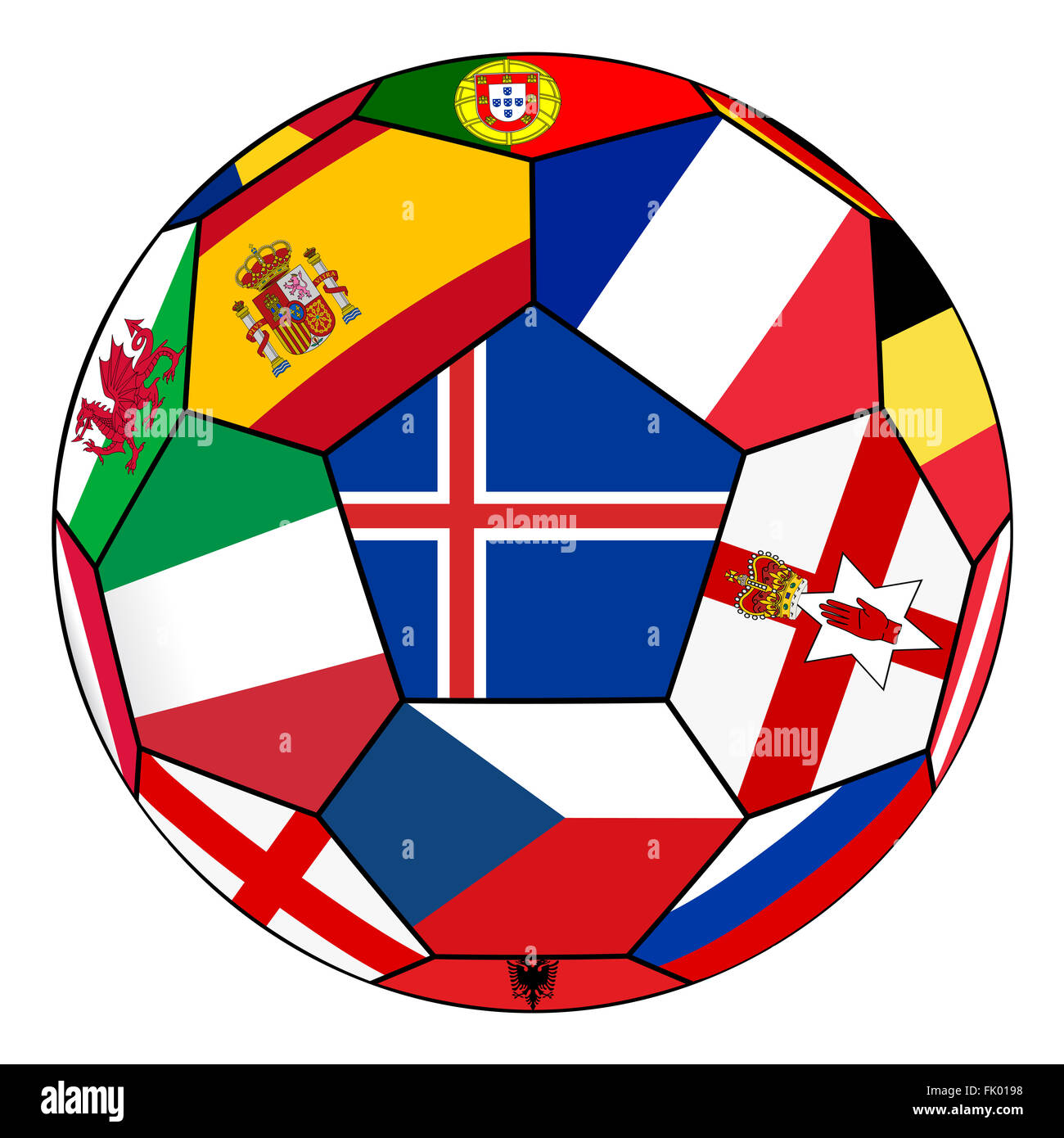 Sfera su uno sfondo bianco con bandiere di paesi europei - la bandiera di Islanda nel centro Foto Stock