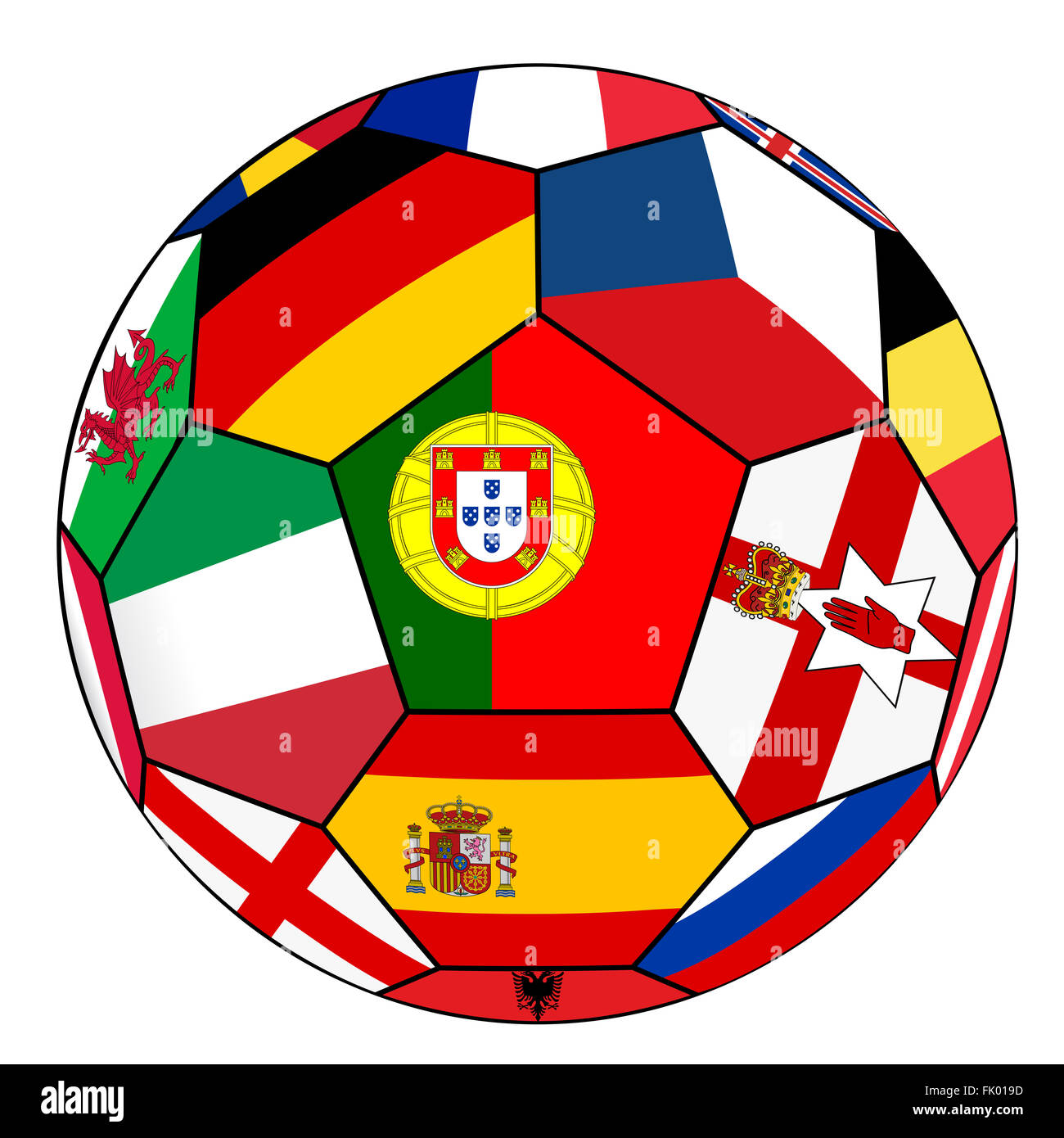 Sfera su uno sfondo bianco con bandiere di paesi europei - la bandiera del Portogallo nel centro Foto Stock